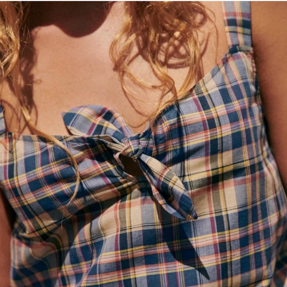 Sezane Denitsa plaid top sleeveless summer linen bow shirt blouse